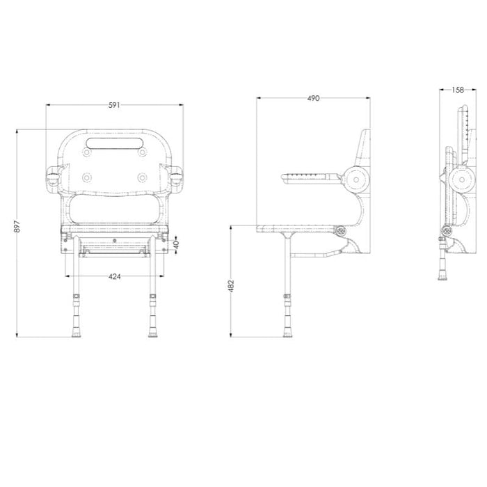 AKW 02130P Standard Wall Mounted Fold Up Grey Padded Shower Seat with Back and Arms