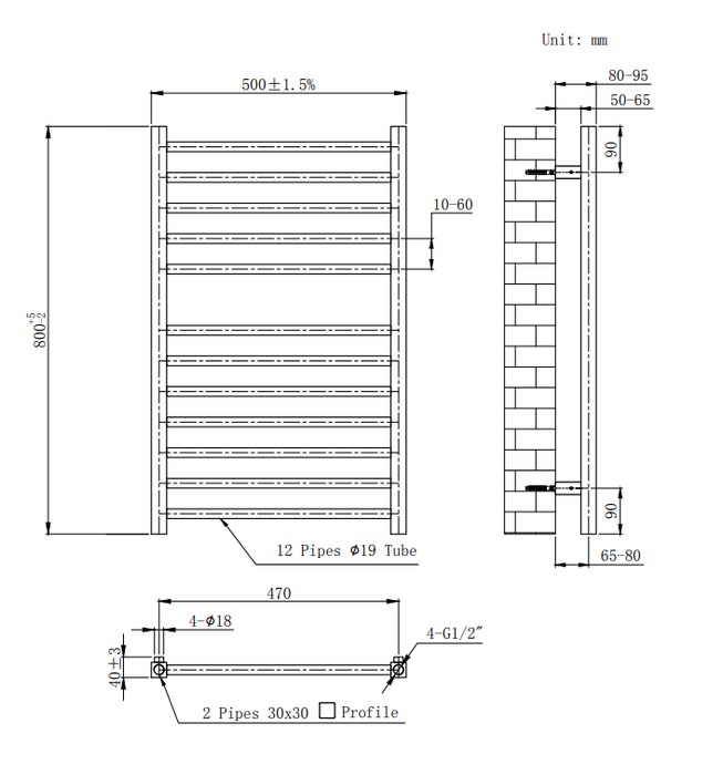 Kartell K-VIT Metro Stainless Steel Heated Towel Rail 500x800mm (MET800-500)