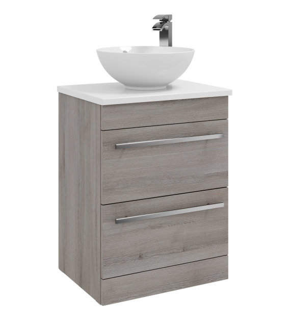 Kartell K-VIT Purity 600mm Floor Standing 2 Drawer Unit With Ceramic Worktop & Sit On Bowl - Silver Oak (PSO600DR- FUR433PU- FUR435PU)