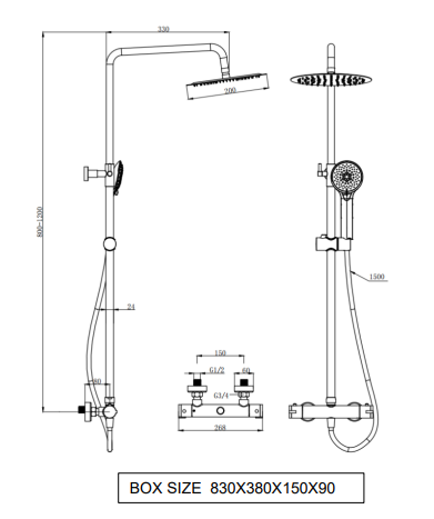 Kartell K-VIT Nero Round Option 1 Thermostatic Bar Shower with Overhead Drencher and Sliding Handset (SHO052NR)