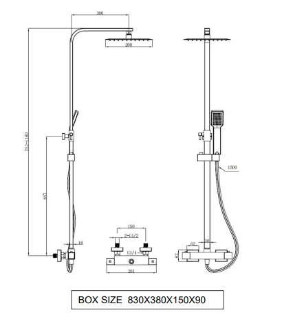 Kartell K-VIT Nero Square Option 1 Thermostatic Bar Shower with Overhead Drencher and Sliding Handset (SHO050NS)