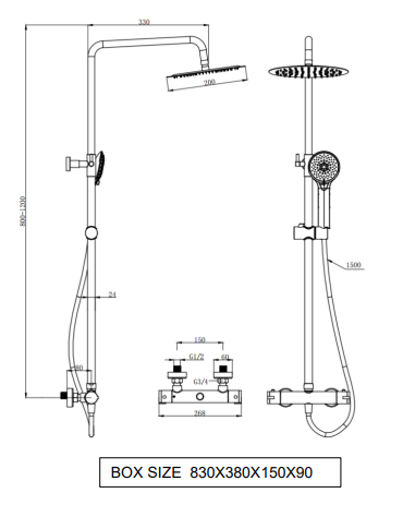 Kartell K-VIT Ottone Brushed Brass Option 1 Round Thermostatic Exposed Bar Shower with Ultra Slim Overhead Drencher and Sliding Handset (SHO140OT)