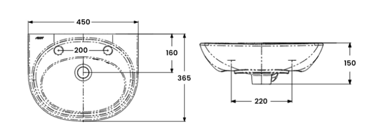 AKW Livenza Plus Sanitaryware Washbasin 450mm 2 Tap Hole (23912)