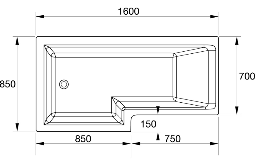 Kartell K-VIT Elite L-Shaped Shower Bath 1600x850mm Right Hand (BAT146EL)