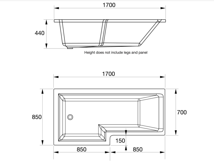 Kartell K-VIT Elite L-Shaped Shower Bath 1700x850mm Left Hand (BAT150EL)