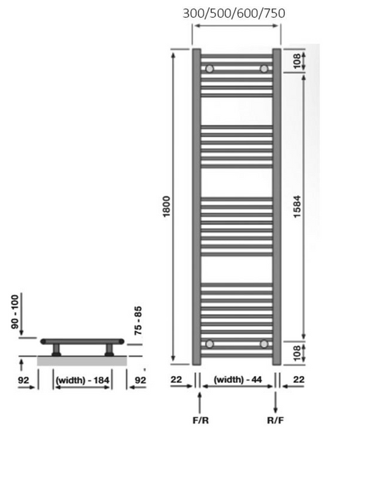 Redroom Elan Heated Towel Rail 1800x300mm Chrome (ELNC180030)