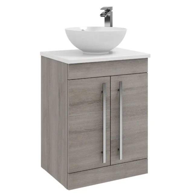 Kartell K-VIT 600mm Floor Standing 2 Door Unit With Ceramic Worktop & Sit On Bowl- Silver Oak (PSO600DO- FUR433PU- FUR435PU)