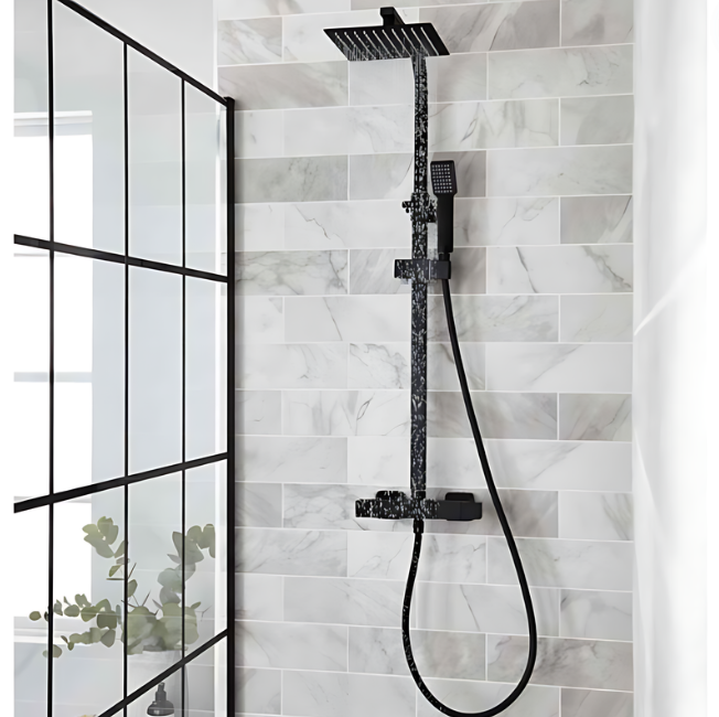 Kartell K-VIT Nero Square Option 1 Thermostatic Bar Shower with Overhead Drencher and Sliding Handset (SHO050NS)